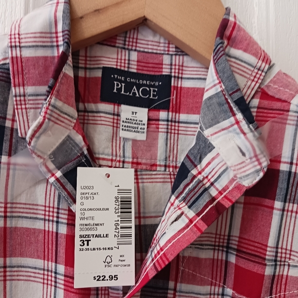 New Boys 3T shirt, Red, black and white plaid cotton blend. NWT - Picture 3 of 4